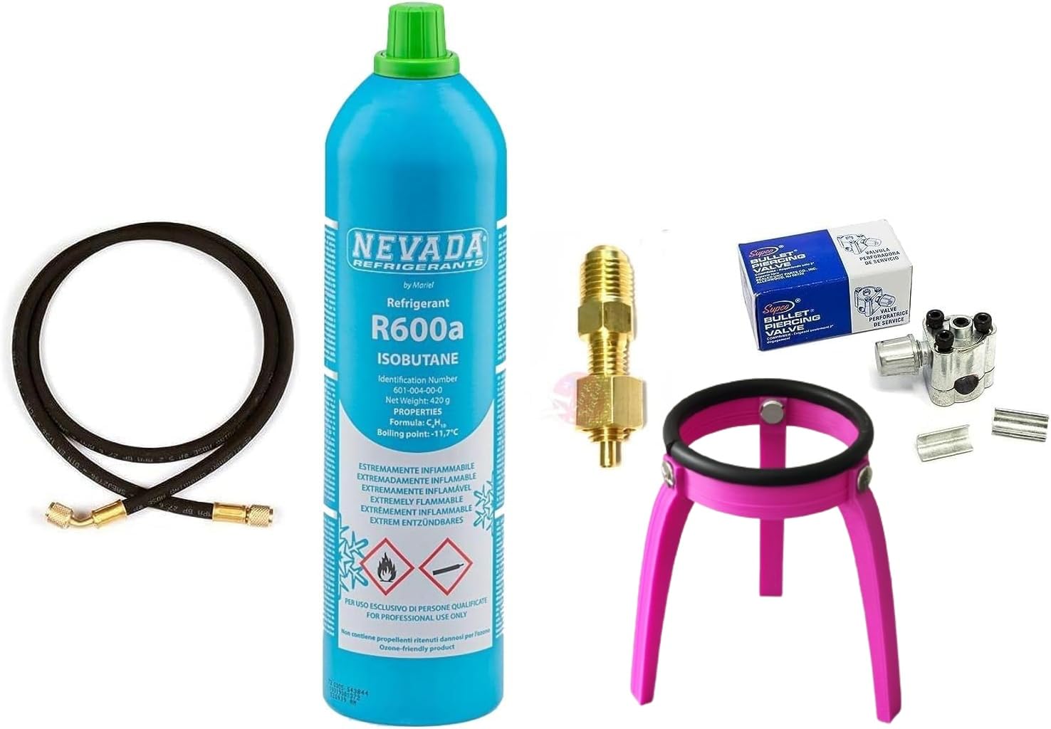 Kit riparazione ricarica frigorifero congelatore con bombola R600a da 420 Gr. + valvolina premispillo bomboletta uscita 1/4" M + tubo con premispillo + valvola foratrice per tubo rame