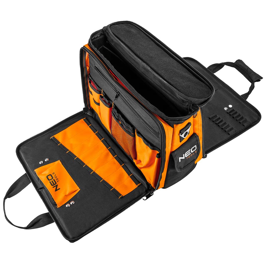 NEO TOOLS Werkzeugtasche Monteurtasche Polyester 600D, 17 Innentaschen, 2 Außentaschen, starre Bauweise, drei Hauptinnenfächer, verstärkte Reißverschlüsse 43.5 x 33 x 20 cm