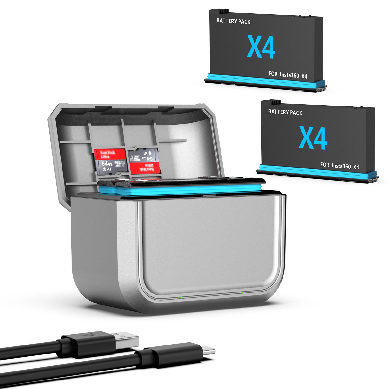 Set di caricabatterie 360 x 4, confezione da 2 batterie di ricambio da 2580 mAh e doppia custodia di ricarica rapida per accessori Insta360 X4 con slot per schede SD Misro (2 batterie+1 caricabatterie