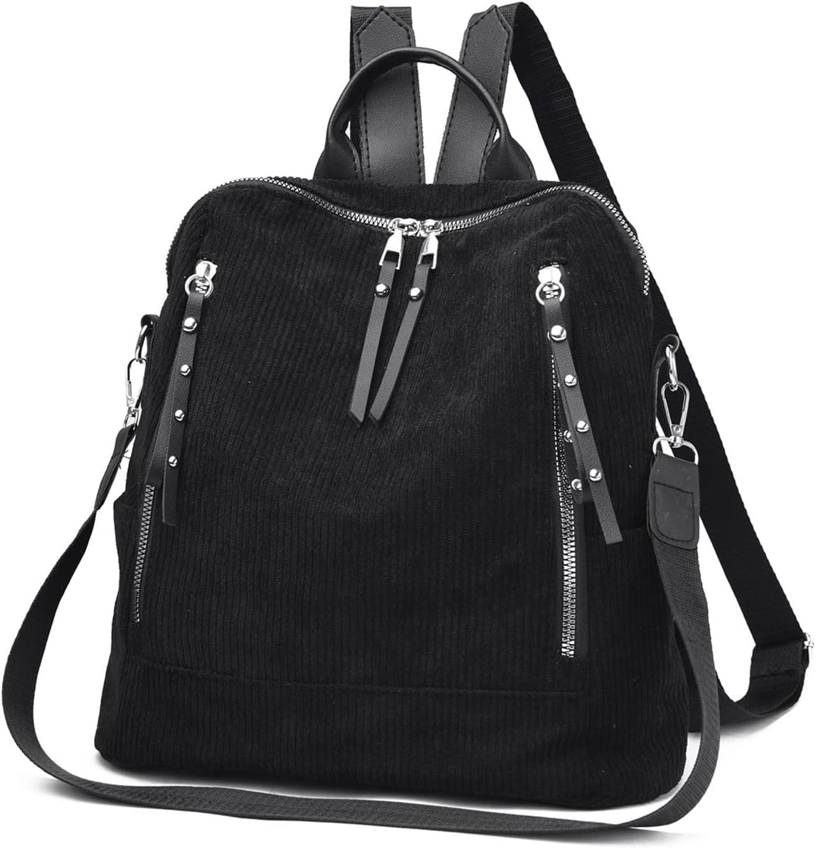 Womens Corduroy Casual Backpack Purse Convertible Travel Shoulder Bag with Wristlet Corduroy Wallet Handbag,Black - Image 2