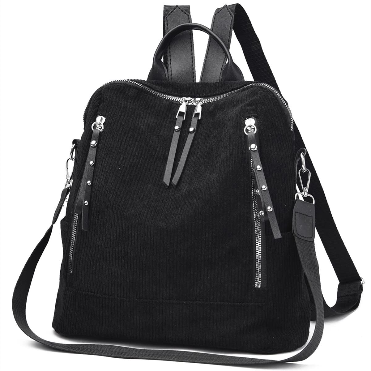 WIGUYUN Womens Corduroy Casual Backpack Purse Convertible Travel Shoulder Bag with Wristlet Corduroy Wallet Handbag,Black