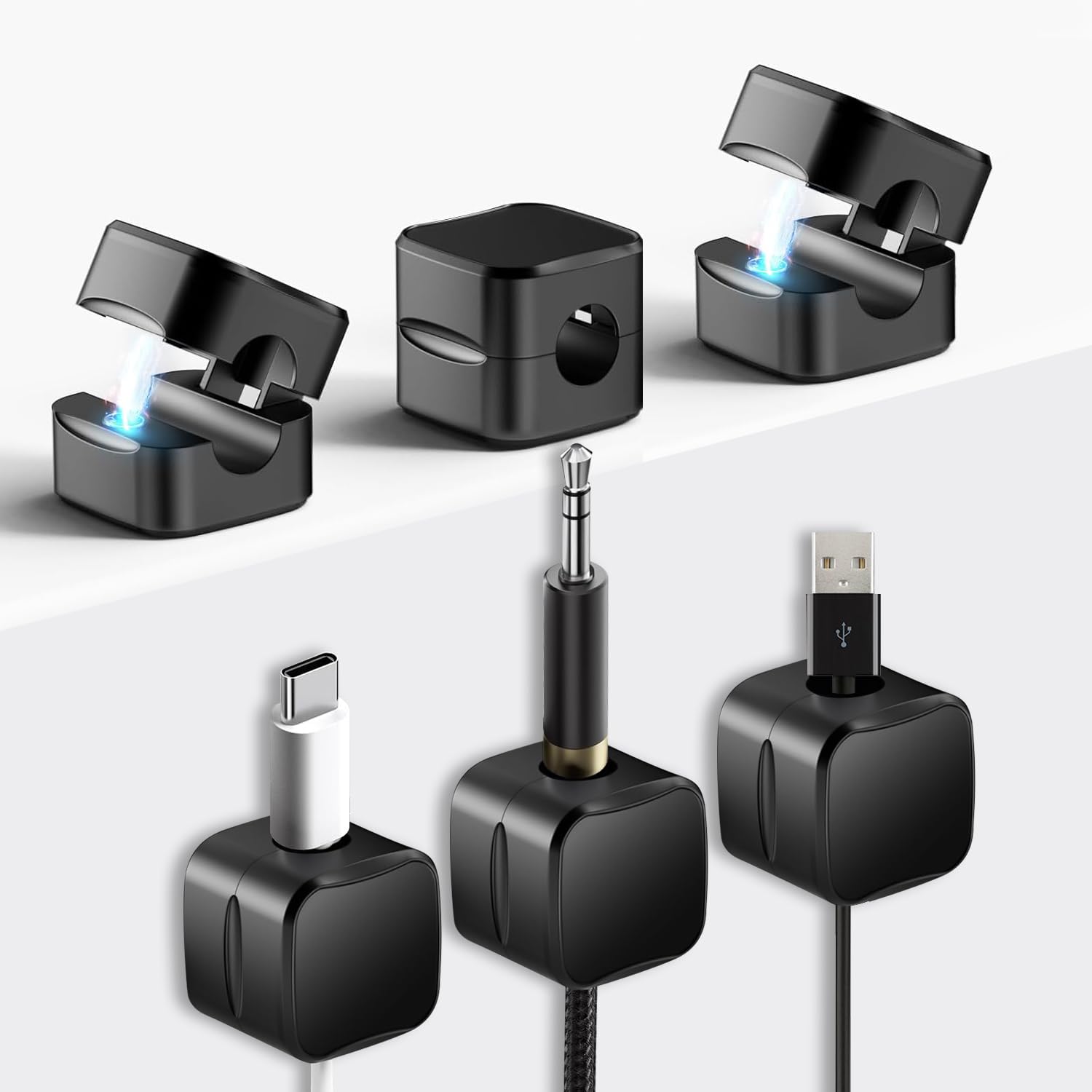 6 Magnetic Cable Organiser and Charger Cord Holder – Desk Cable Tidy for USB, Lightning, and Charging Cables – Magnetic Wire Clips for Home, Office, Bedside – Easy Cable Management Solution (Black)