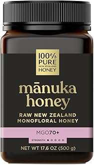MGO 70+ Monofloral Mānuka Honey, 100% Pure New Zealand Raw Mānuka, 17.6 Ounce (500g) (Pack of 1)