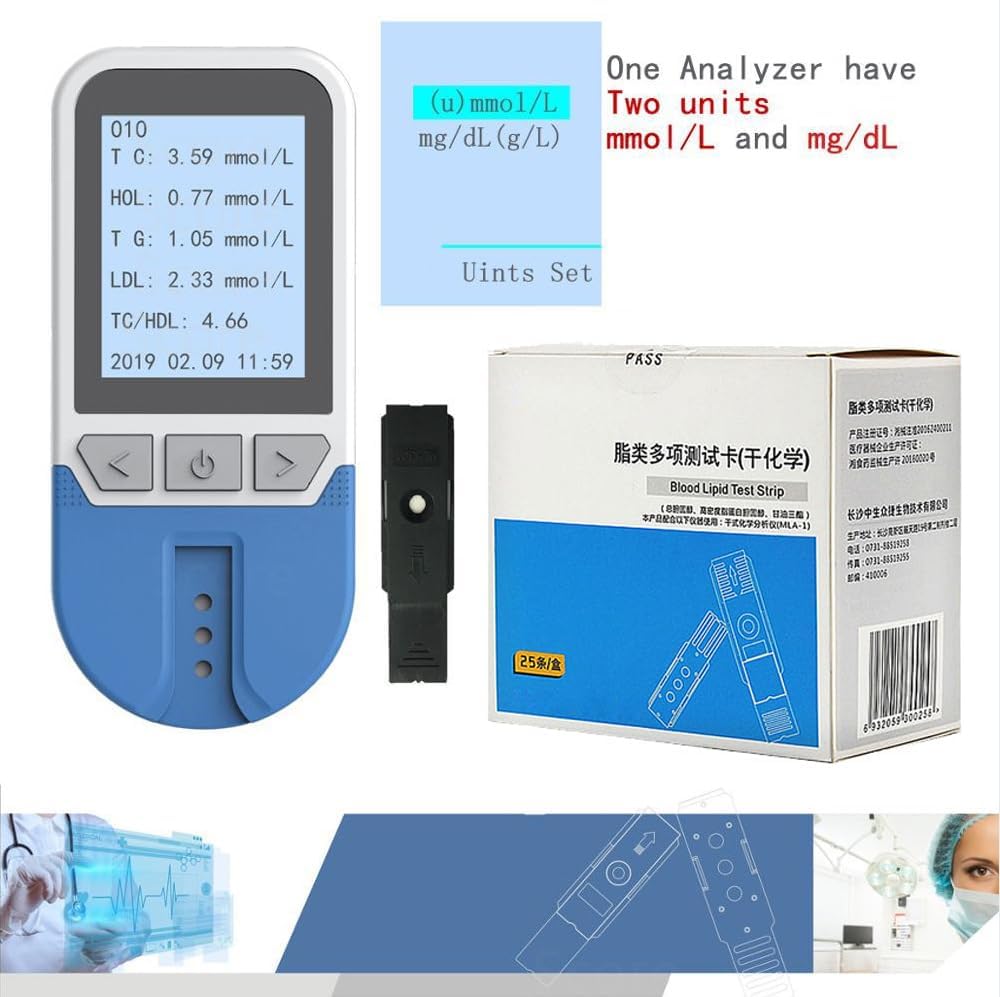 Tester dei Lipidi nel Sangue, Kit Misuratore del Colesterolo per TC TG HDL LDL con 25 Strisce, 500 Gruppi di Archiviazione Dati, Risultati Rapidi in 2 Minuti