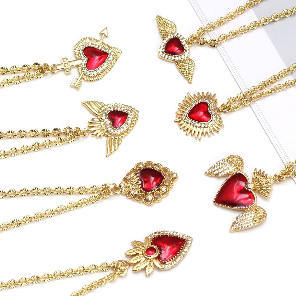 18k Yellow Gold Exquisite Red Heart Necklace For Women & Men - Sacred Heart Pendant for Christmas, Birthday & Thanksgiving Gifts