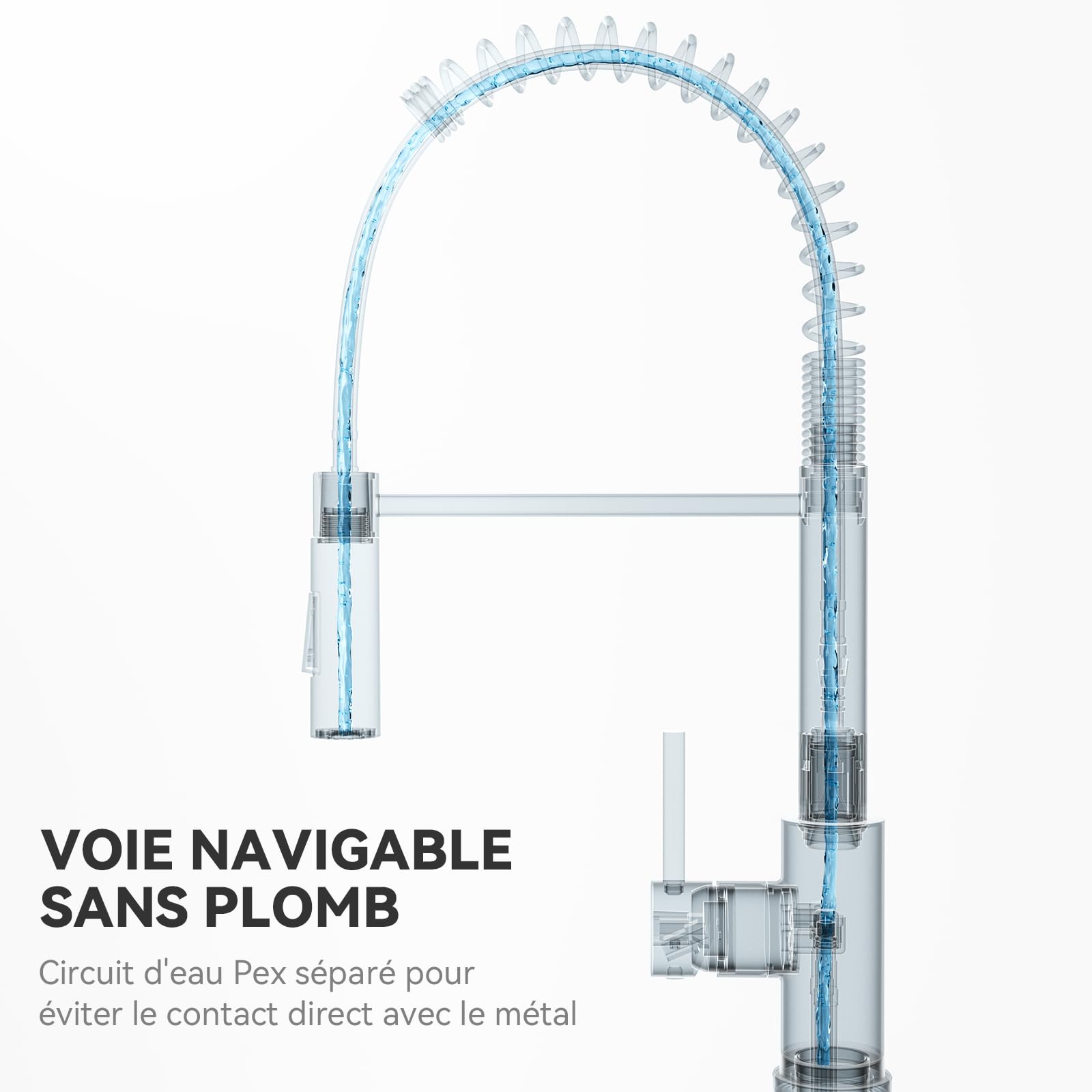 CECIPA Robinet Cuisine Mitigeur Avec Douchette Extractible, Acier Inoxydable Brossé, Arc Élevé Rotatif 360°