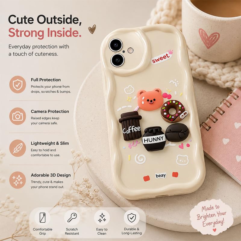 Image of ZR023 Compatible for iPhone 16 Cute Teddy Bear Design Back Cover | Soft Silicone Shockproof Protective Case | Slim Fit Stylish Camera Protection Phone Cover - White