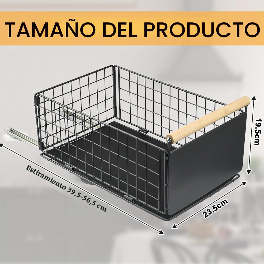 Organizador de gabinete extraíble, cajón de almacenamiento de cocina con asas de madera, cajón deslizante extensible resistente con nano película adhesiva sin taladro (39,5 x 23,5 x 19,5 cm,