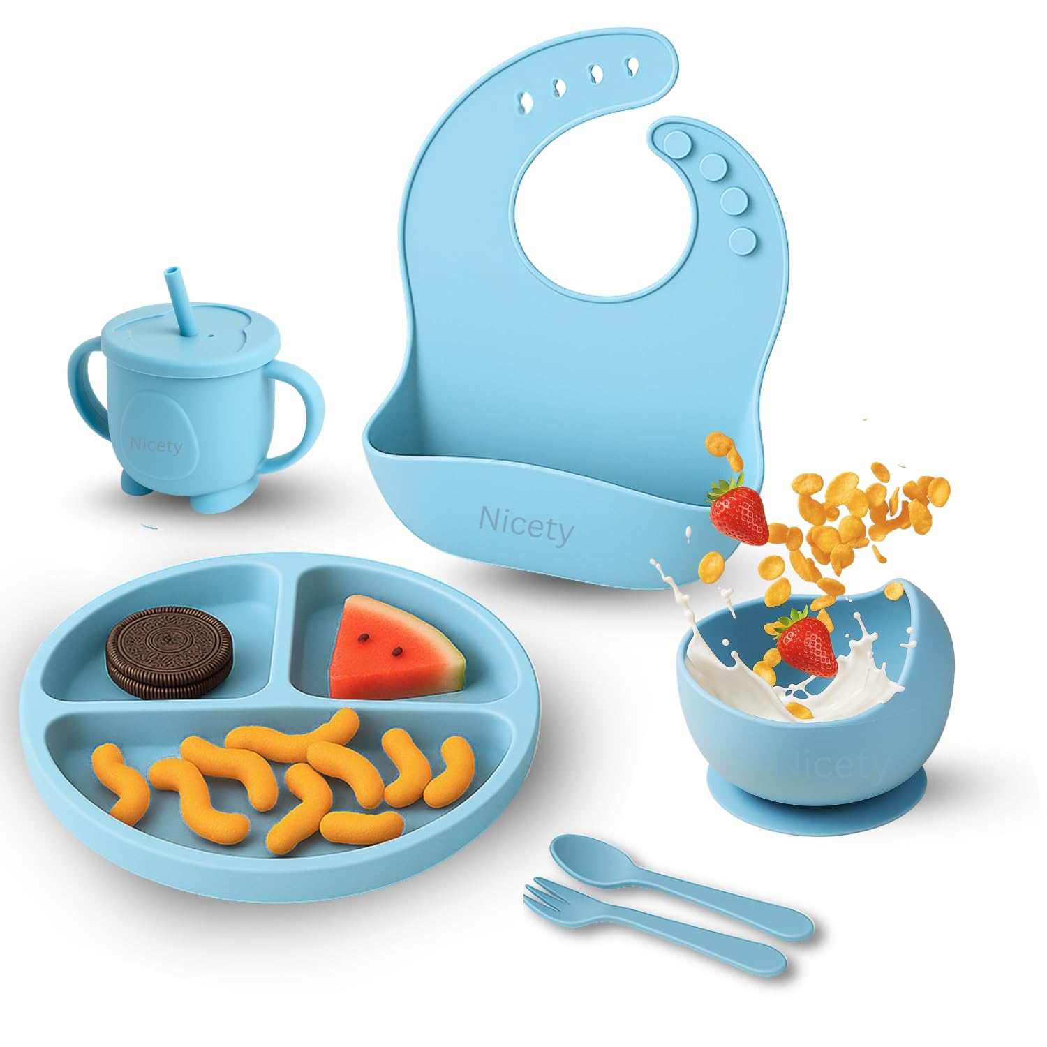Nicety® 6 Pcs Silicone Baby Tableware Set, Baby Food Plate and Bowl with Spoon, Fork Silicone Plate for Baby Feeding Dinner Plate Sets for Kids Adjustable Bib, Sippy Cup 6+ Month Age (Dusty Blue)-image-47