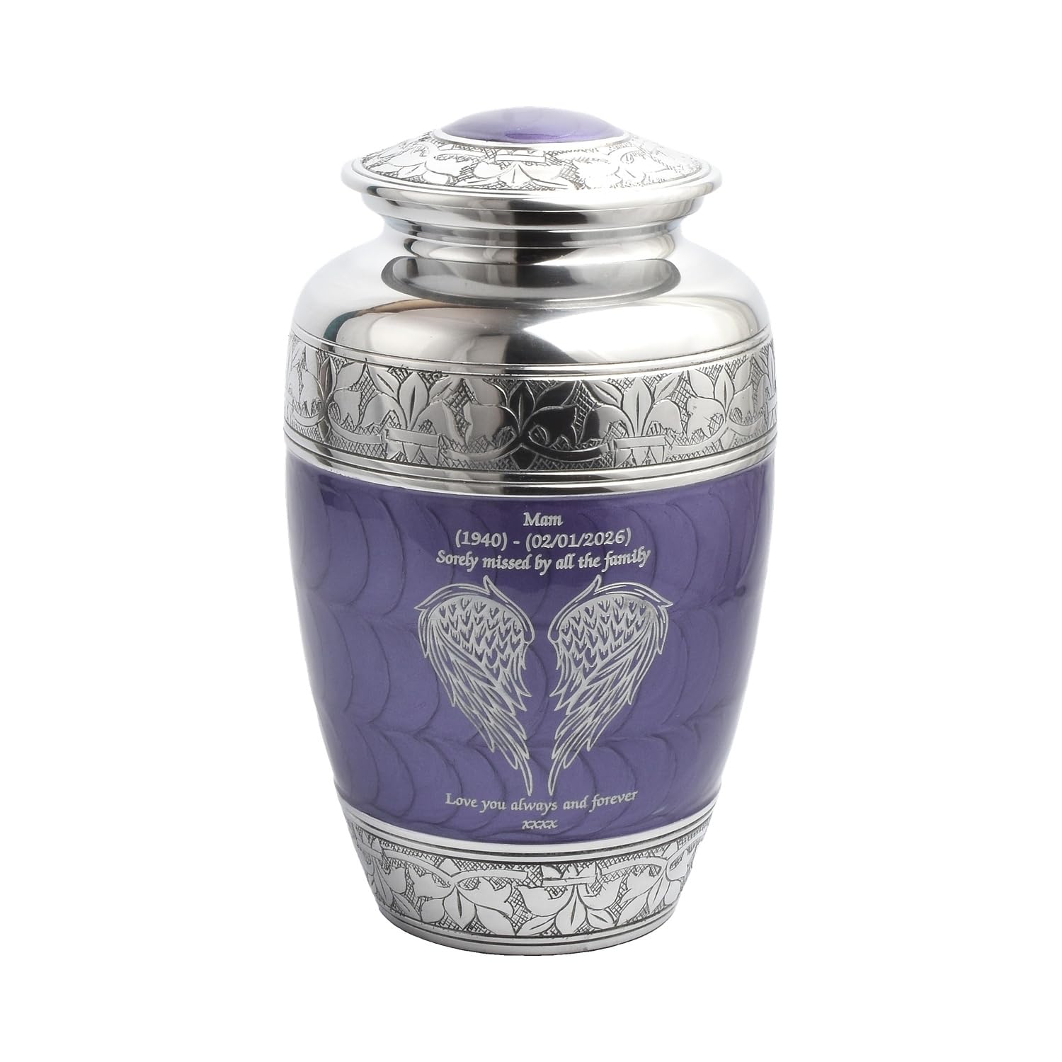 Angel Wing Cremation Urn for Adult Ashes – Durable Aluminium Funeral Container – Purple Memorial Vessel with Engraved Design Securely Holds Human Remains up to 90kg or 14 Stone (Personalised-Purple)