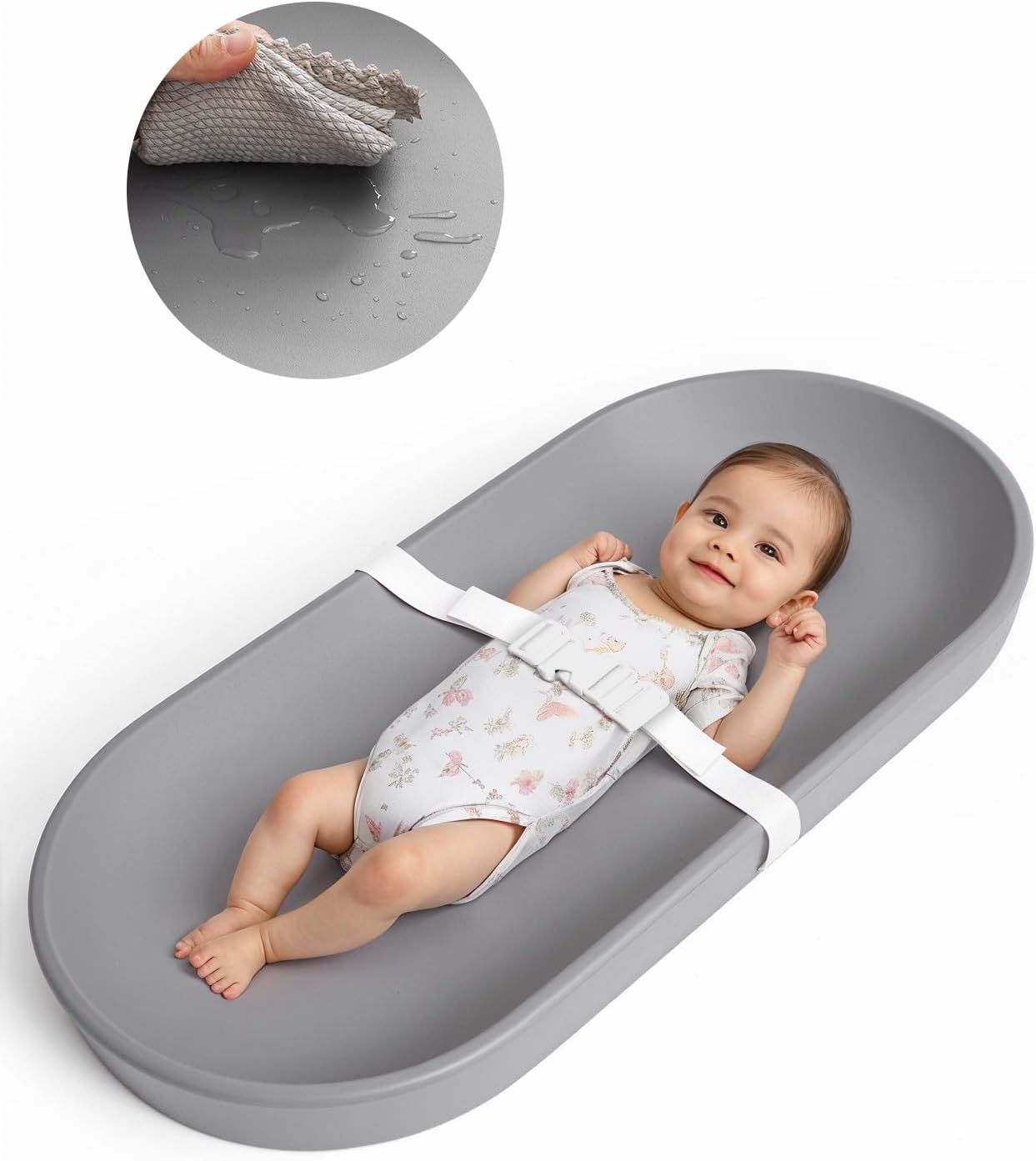 Baby Changing Pad for Dresser - Wipeable Changing Pad with Restraining Belt, Waterproof, Soft, Lightweight and Portable, Easy to Clean for On The Go Diaper Change, Grey