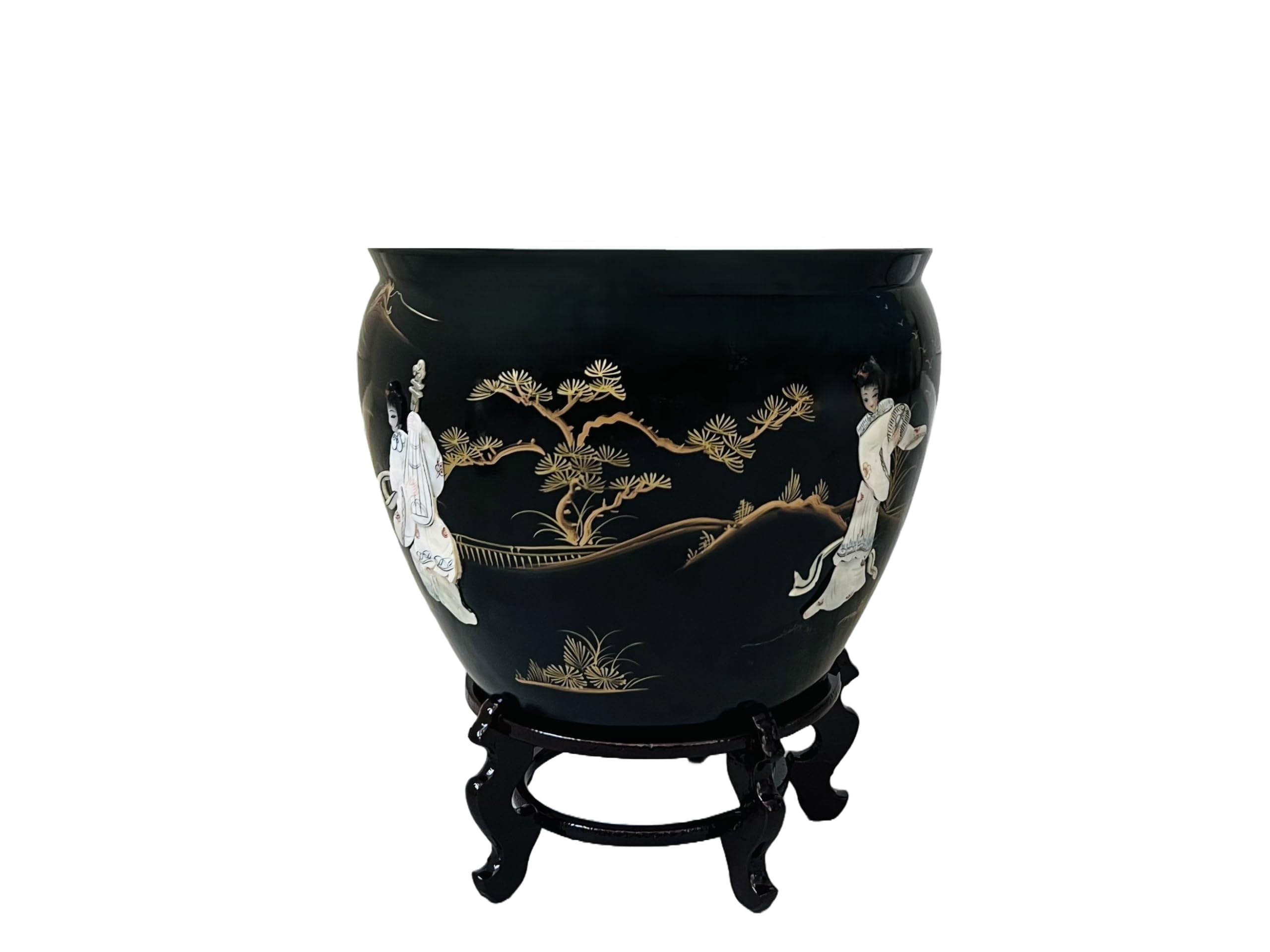 Oriental Plant Pot Fishbowl with Stand, Mother Of Pearl Planter Urn Chinese Furniture