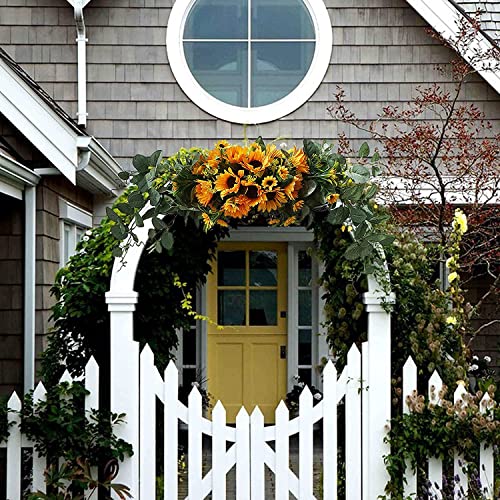 Flueyer Artificial Sunflower Swag, Decorative Sunflower Wreath With Eucalyptus Leaves Handmade Floral Swag For Mirror Home Wedding Party Door Tabletop Decoration #TOP2