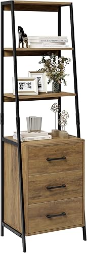 HITHOS Estantería con 3 cajones de madera, estantería industrial con estantes de almacenamiento abiertos de 4 niveles, mesita de noche alta, estante