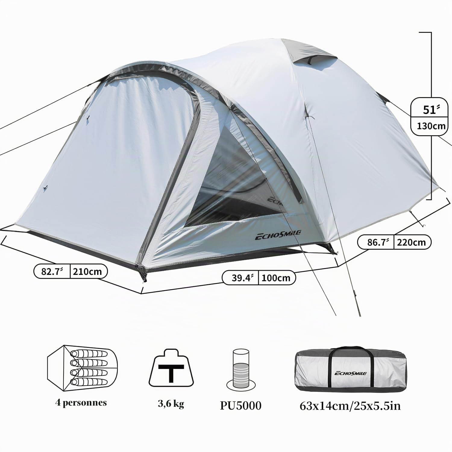 EchoSmile Tente Trekking 3-4 Personnes, Ultralégère 3-4 Saisons, Imperméable & Ventilée, Dôme Facile à Installer, Tente yourte pour Outdoor, Randonnée, Camping