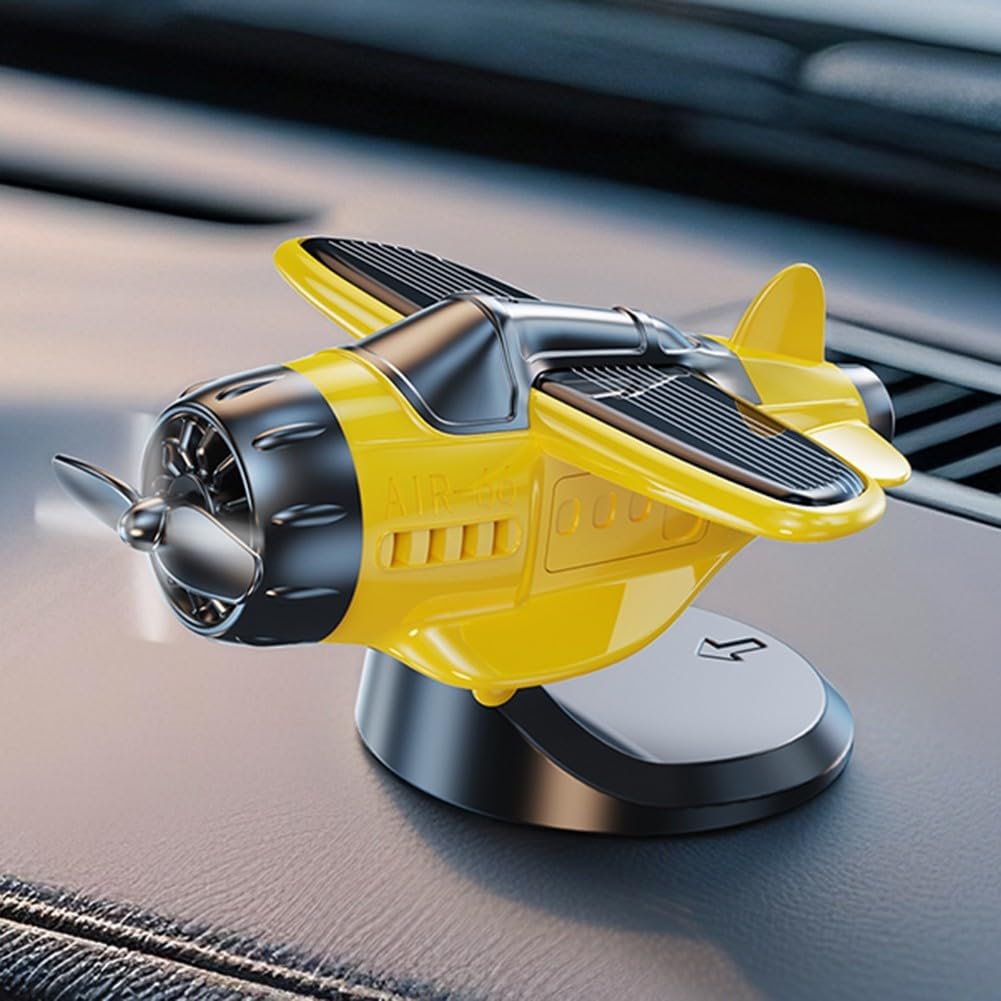 Solar Powered Rotating Propeller Fighter Ornament, Light-Activated Aircraft Dashboard Decor for Car Interior, ABS Desktop Accessory in Multiple Colors(Yellow)