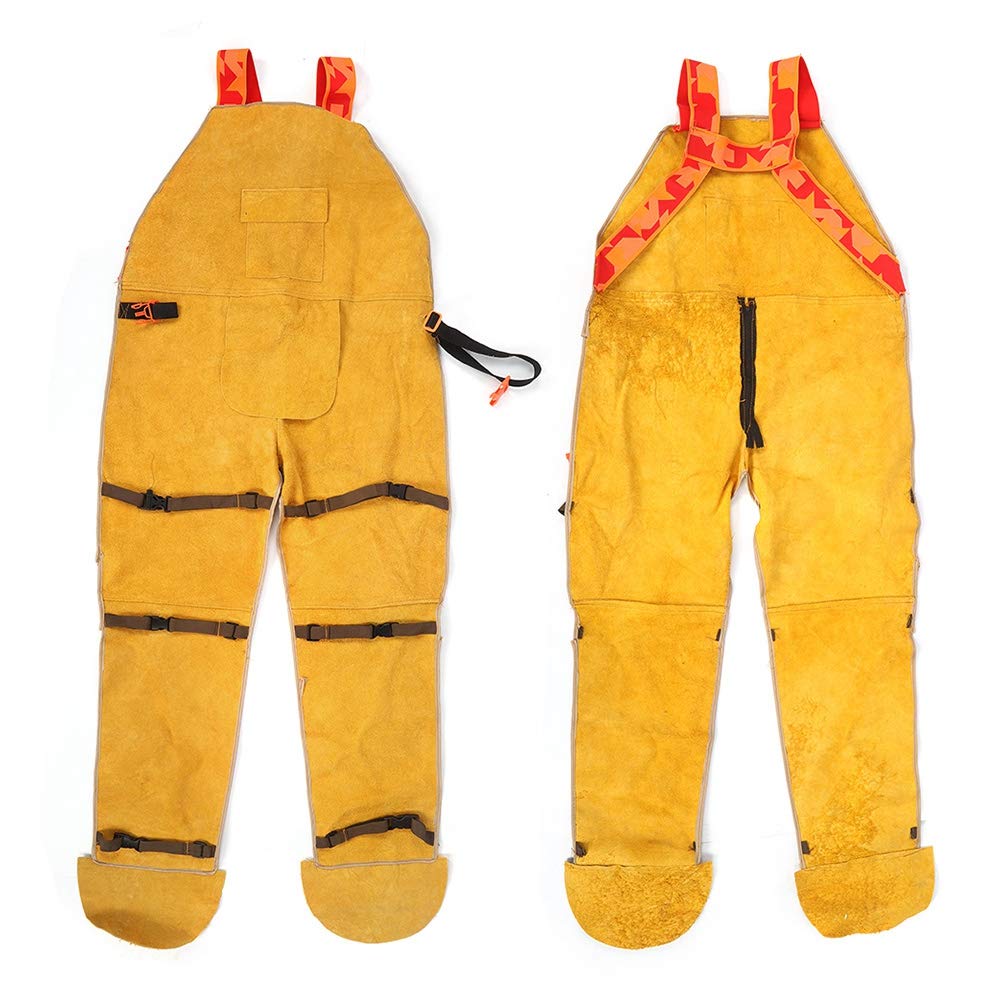 Tuta lavoro ignifuga con gambe divise per una vestibilità como durante i lavori di saldatura, realizzata in resistente pelle bovina, giallo, 1 pezzo