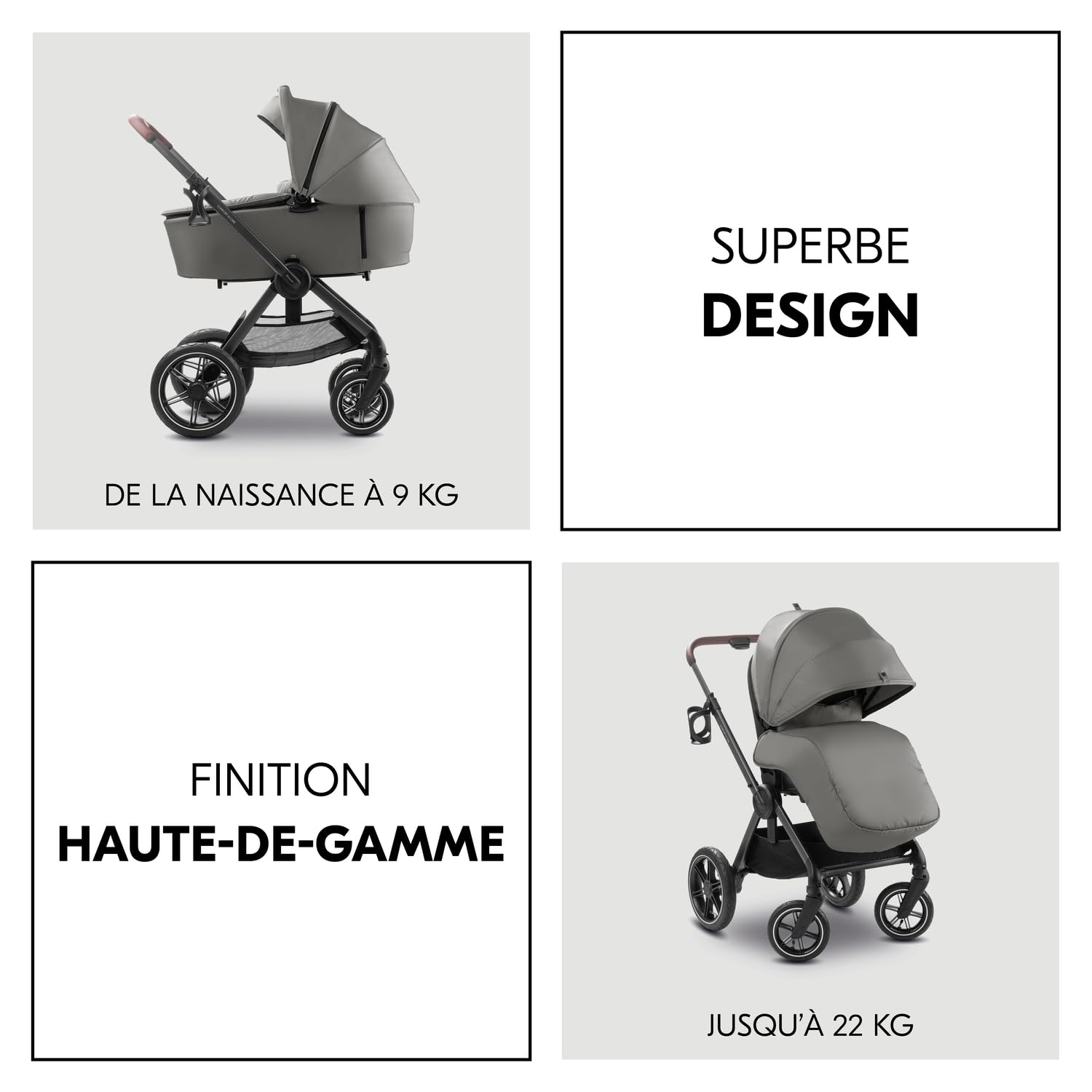 hauck Poussette 2 en 1 avec Pneus à Air Comfort N Care Air Set Dark Grey | De la naissance à 22 kg (4 ans), nacelle à boutons mémoire, siège réversible avec couvre-jambes, UPF 50+, adaptateurs cosy