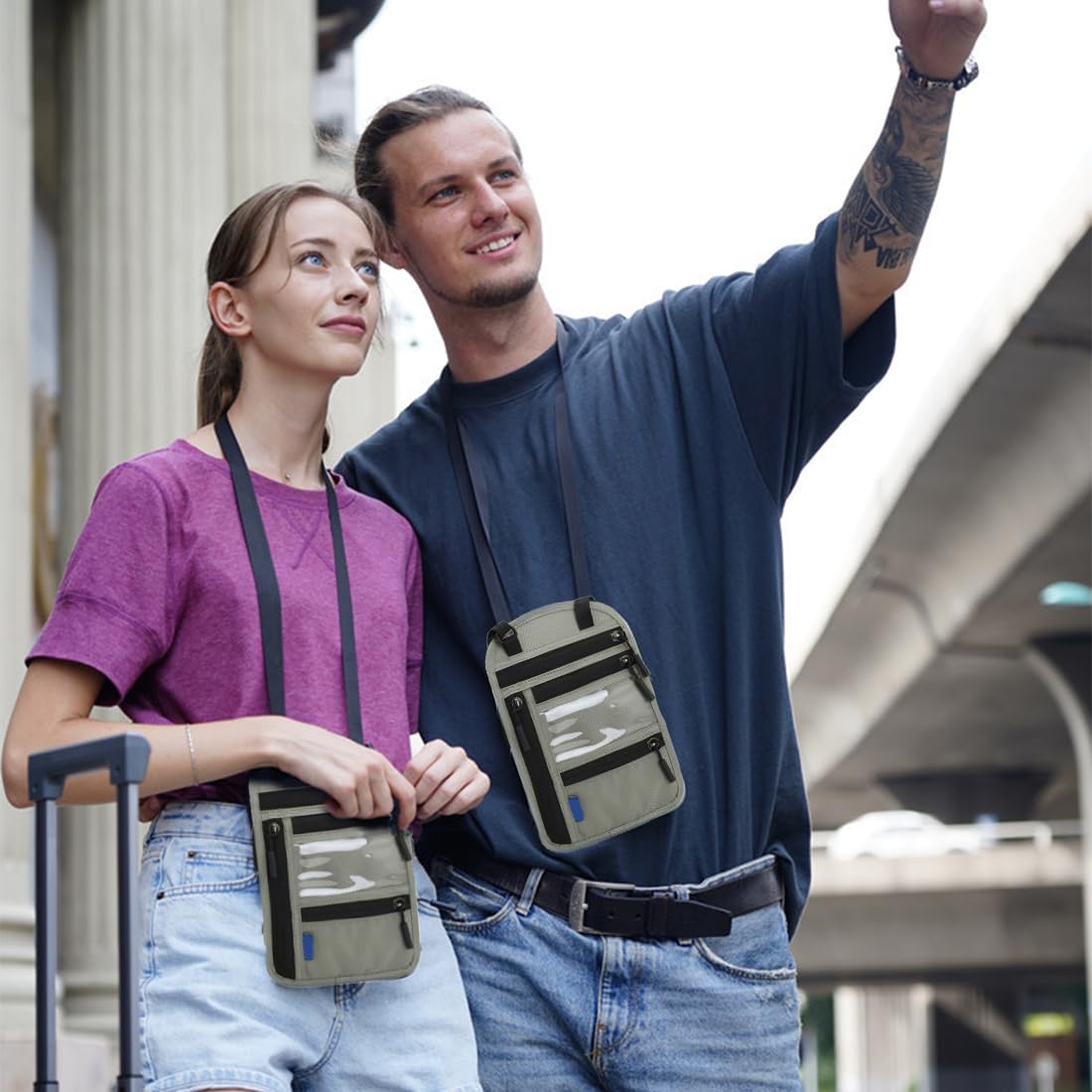 Portadocumenti Da Collo Con Blocco RFID - Portapassaporto Sicuro Per Viaggi, Grigio Impermeabile