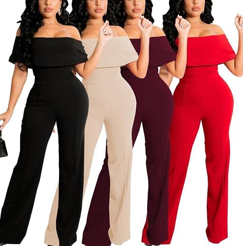 Dinyin Black One Piece Jumpsuits For Women Sexy Bodycon Formal Jumpsuit Off Shoulder Ruffle Long Pants Clubwear #TOP6