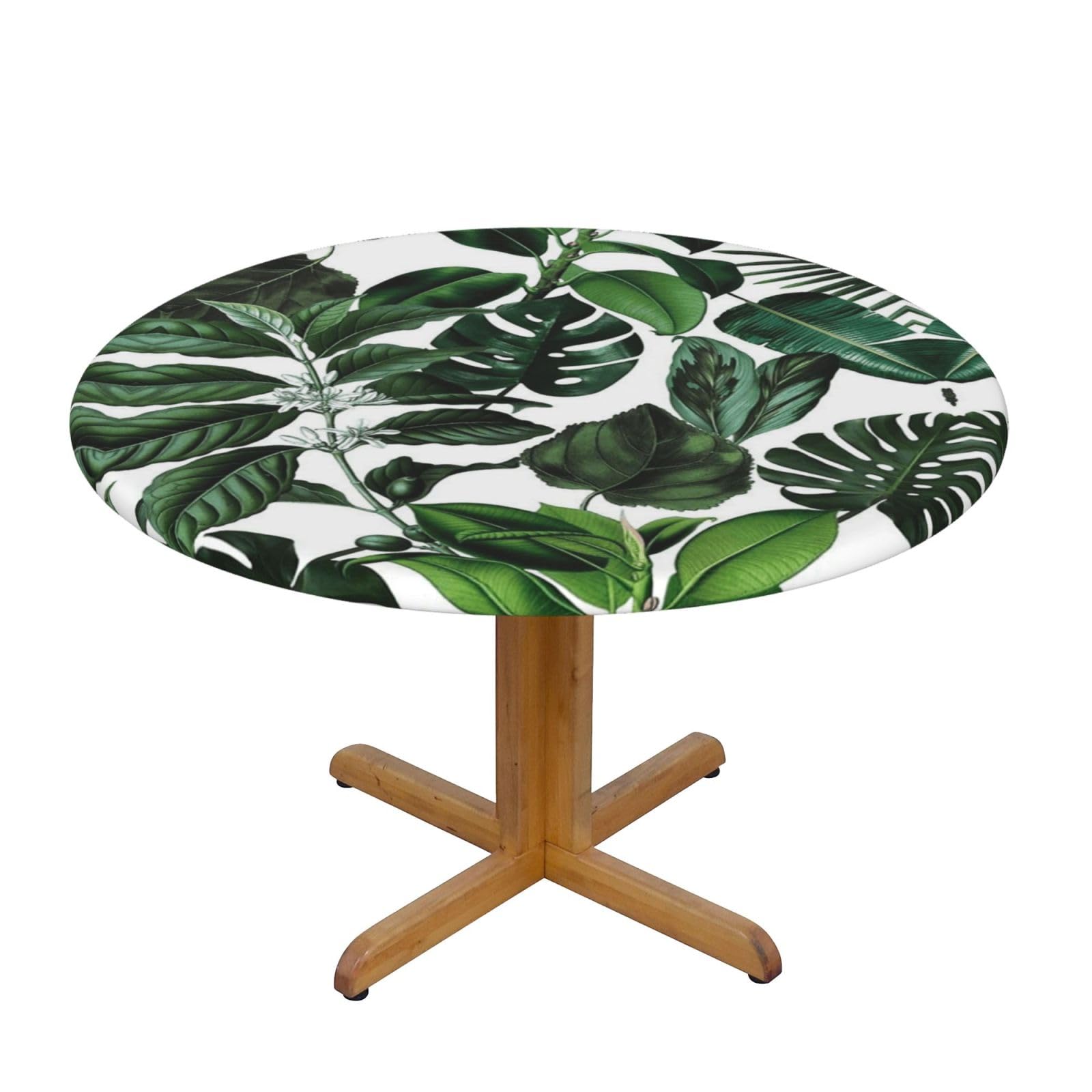 ESNAIUVCD tropical leaves print Waterproof Round Tablecloth,Outdoor Table Cloth with Elastic Edged, Elastic Tablecloth Wipeable, Garden Table Cloth Suitable for sizes 90cm-140cm