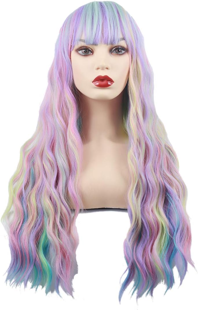 Similler Curly Long Rainbow Wigs for Women Mermaid Cosplay Heat Resistance Synthetic Hair Highlight Ombre Colorful Wigs With Cap