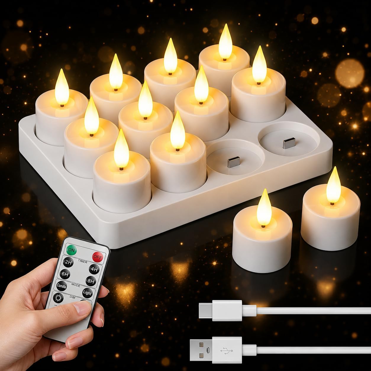Candele da tè a LED, ricaricabili, con fiamma tremolante, con funzione timer, telecomando e stazione di ricarica, colore bianco, per Halloween, Natale, feste, 12 pezzi