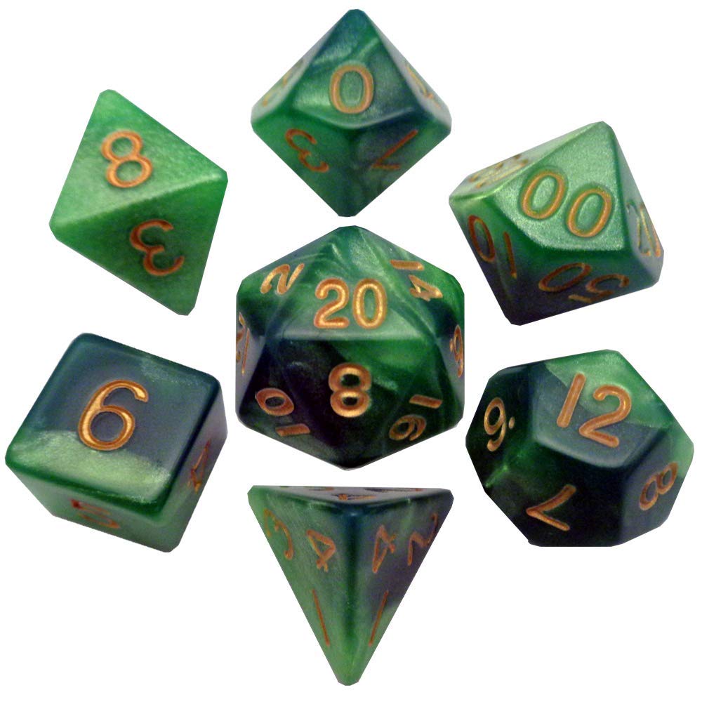 Metallic Dice Games Wielościenny zestaw 7 kostek z żywicy: Combo Attack Green / jasnozielony ze złotymi cyframi