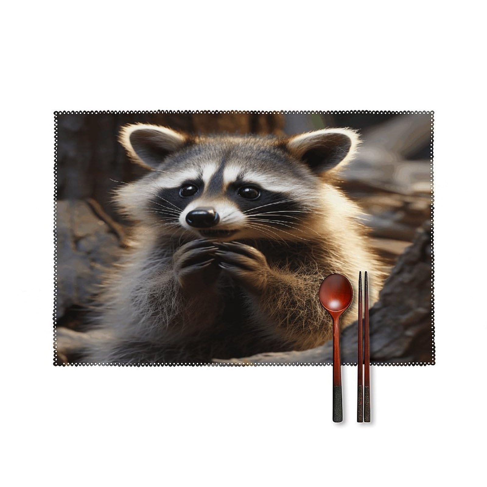 Cute Raccoon Placemats Set of 6 Non-Slip Heat Resistant Table Mats Canvas Washable Cloth Place Mats Easy to Clean Premium Placemat for Kitchen Dining Table Decoration