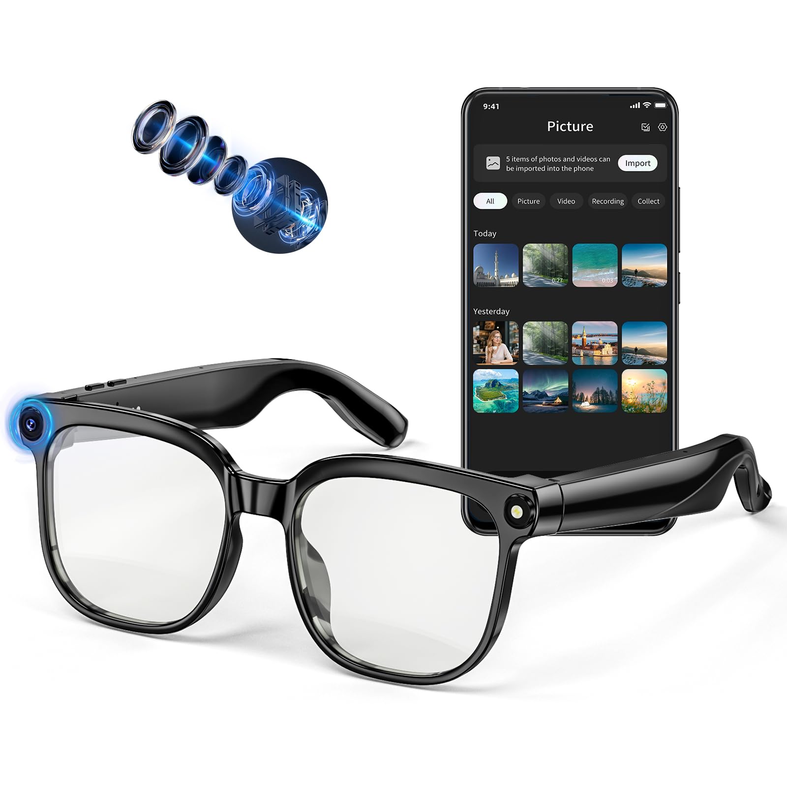 AI Smart Glasses with Camera 4K 800W HD Video Recording Glasses with Audio Bluetooth Sunglassess with Camera Real-Time