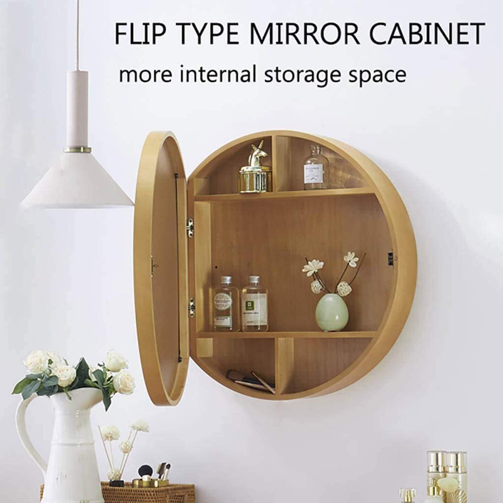 Espejos de baño de Madera Maciza - Espejo de tocador Grande corredizo montado en la Pared con función de Almacenamiento for Muebles - Espejo de Pared Redondo(Brass Gold,60cm)