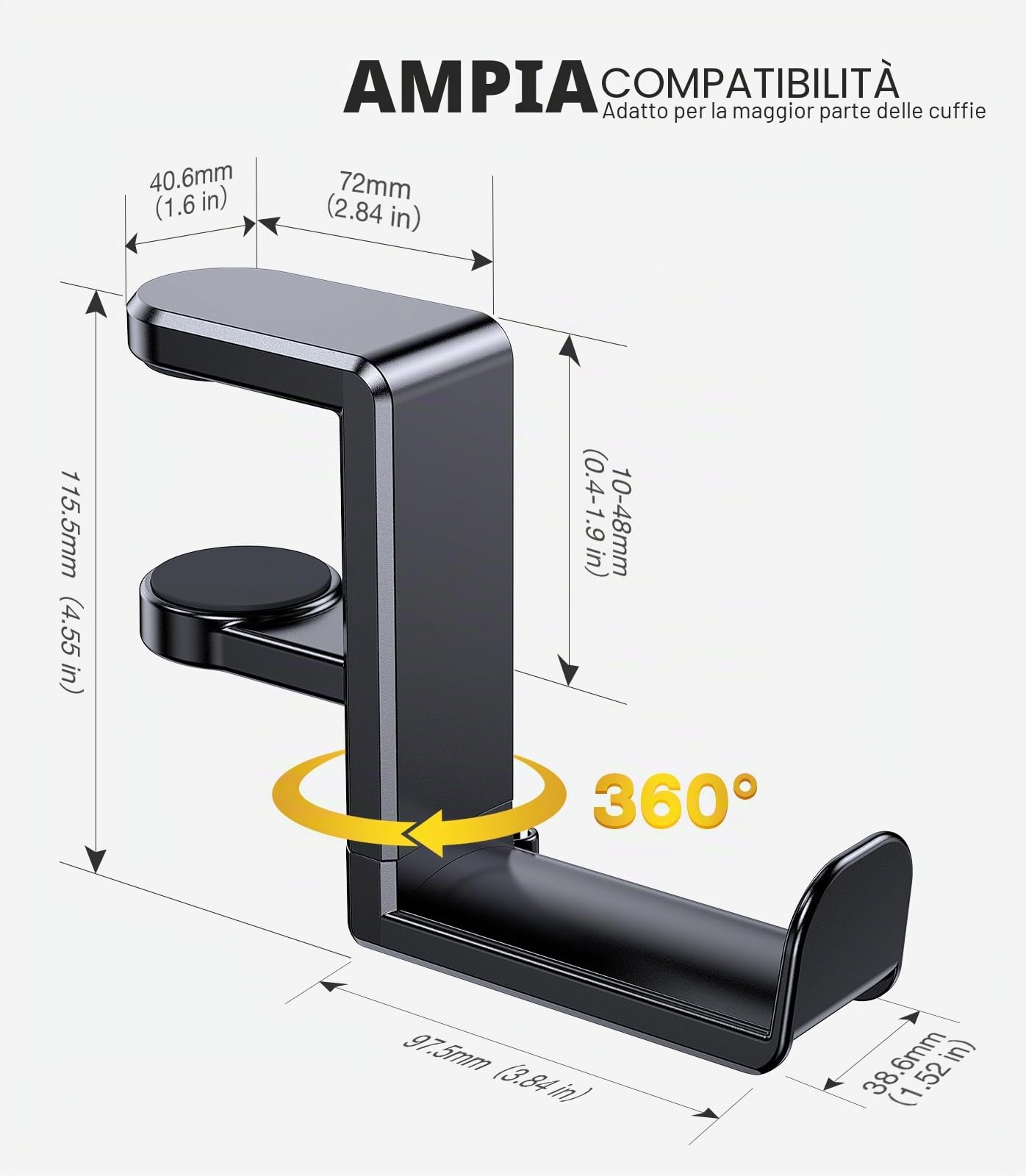 Coolpow Supporto per Cuffie Sotto la Scrivania【360° Girevole】 Porta Cuffie Gaming con Gancio Clip per Cavo per cuffie Sotto la Scrivania per Sony, Beats, HyperX