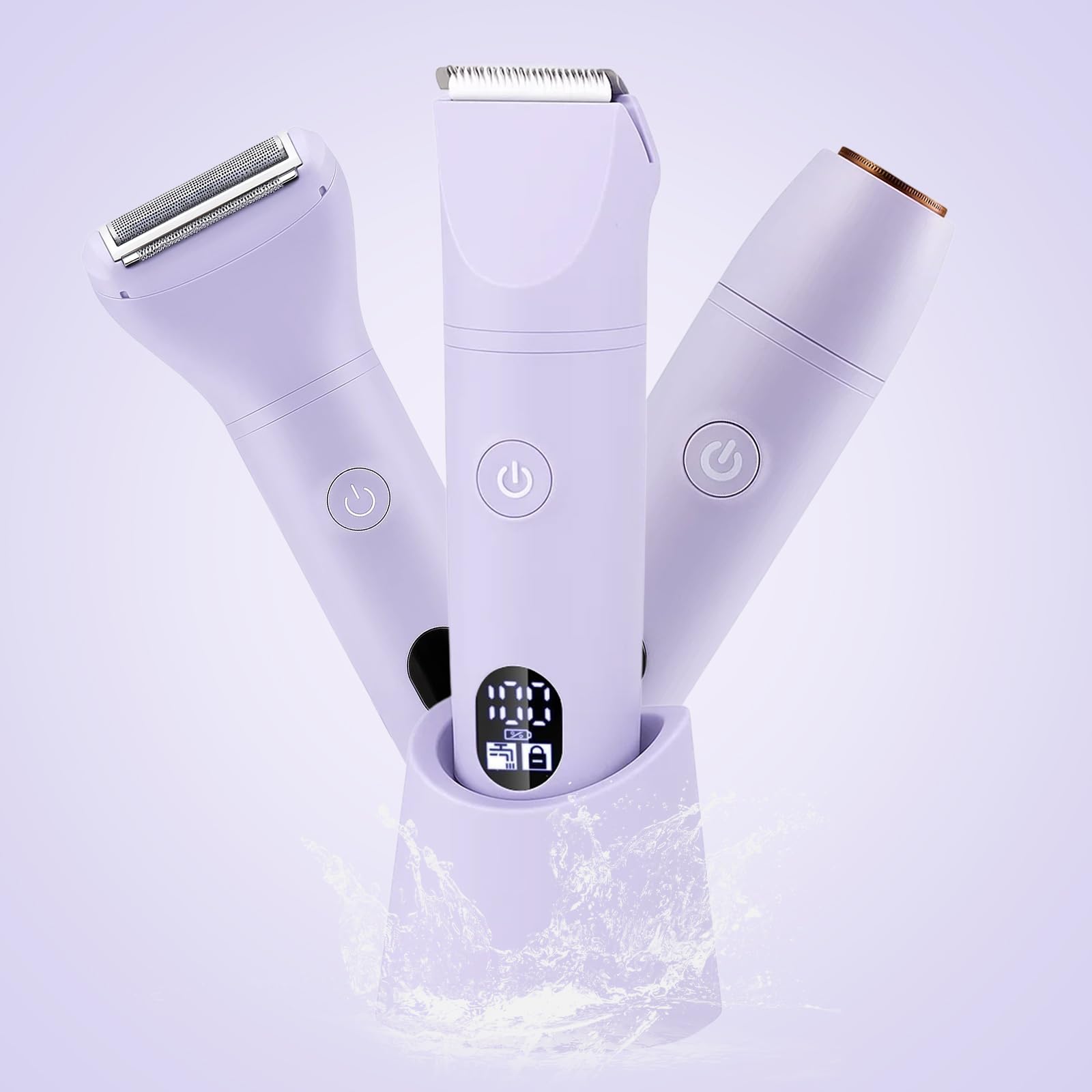 3-in-1 Damenrasierer Elektrisch, Gesicht, Achseln, Beine & Bikinizone, Körpertrimmer & Intimrasierer mit 3 austauschbaren Klingen, LCD-Display, IPX7 wasserdicht, USB aufladbar (Lila)
