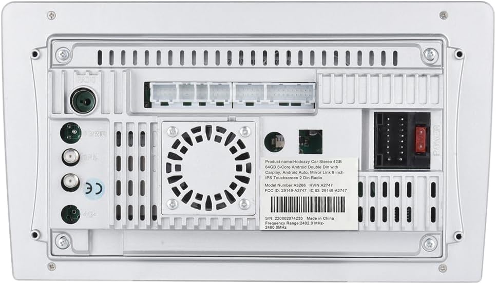 Diagram illustrating the connection of an AHD rearview camera to the car stereo, showing wiring for power, ground, and trigger wire to the reversing light. Also shows the camera's wide-angle and night vision features.
