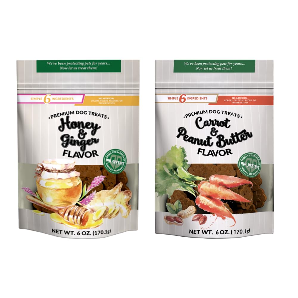 Dig Defence Premium Dog Treats, Honey/Ginger and Carrot/Peanut Butter Gourmet Snacks, 2 Pack, All Natural Training Treats for All Dog Sizes, Made in