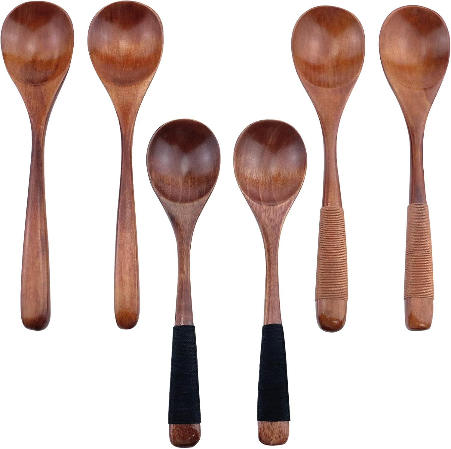 Black Friday 🔥 Antrader 6Pcs 7-inch Handmade Japanese Style Wooden Flatware Set Soup Spoons Natural Wood Rice Serving Tableware Flatware Set with Jute String Wrapped