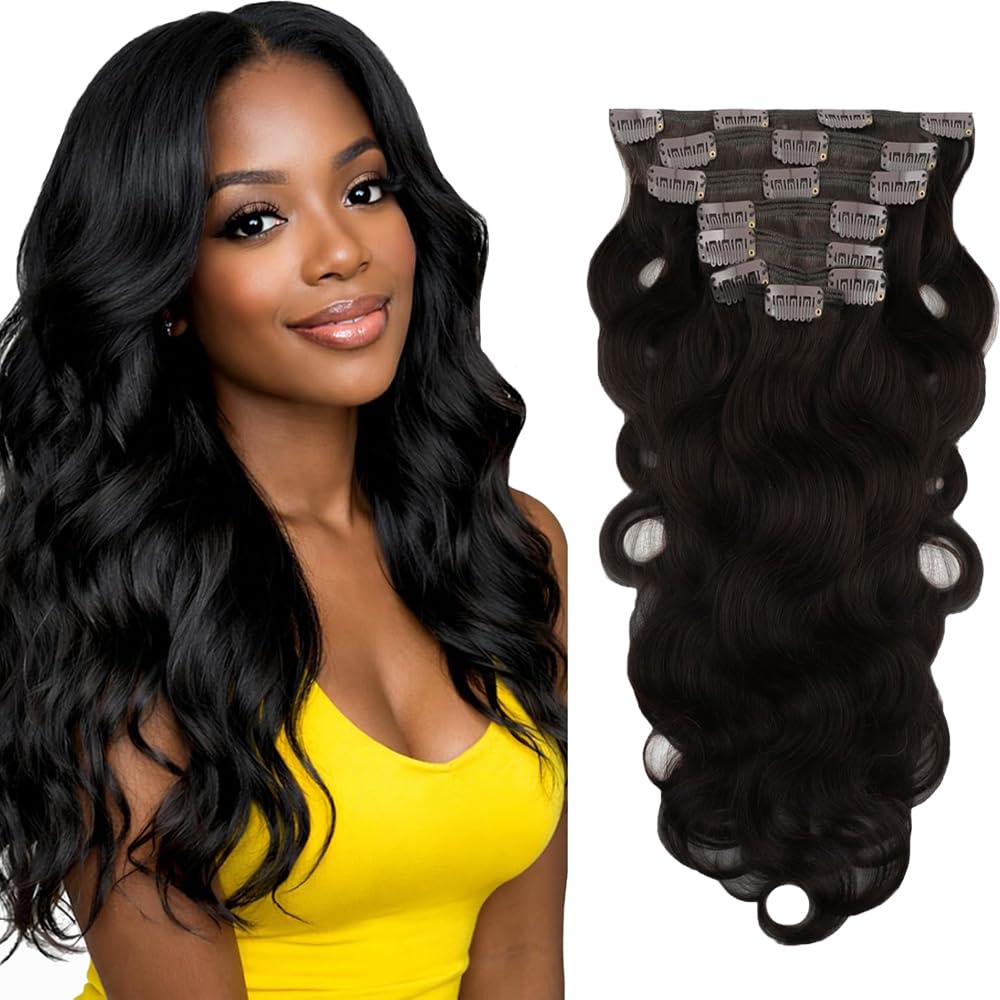Clip in Hair Extensions Human Hair Body Wave Extension Cheveux Naturel Clip Remy Cheveux Naturels Humains #1B Natural Black 120g 7Pcs Per Pack for Woman 14 Inch