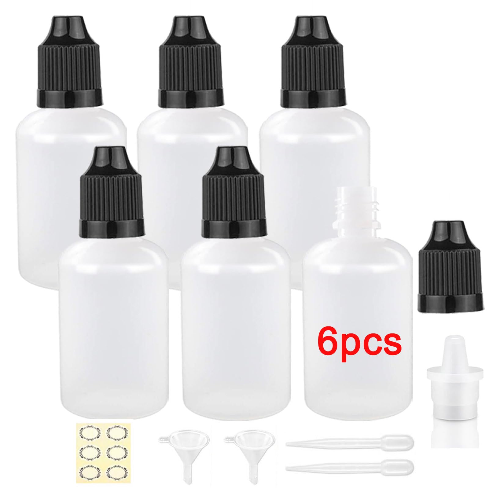 Apstaqeoo 50Ml * 6Pcs 6Pcs, 50Ml Plastic Dropper Bottles, Empty Squeezable Liquid Dropper Bottle Eye Droppers Sample Dispenser White Paint Dropper Bottles Black Cap/Funnel/Label/Dropper For Essential Oil