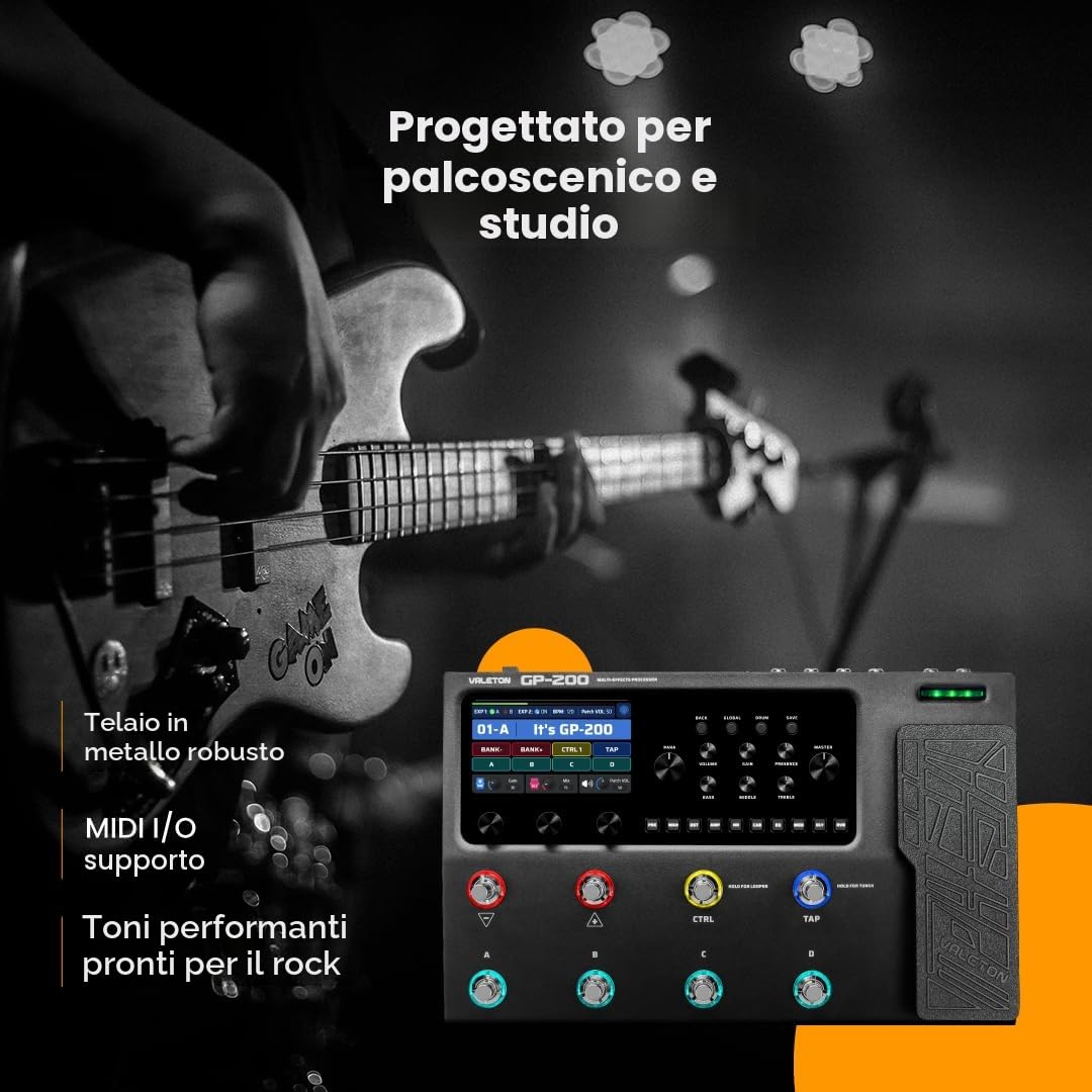 VALETON Pedale di espressione per chitarra Processore multieffetto Guitar Bass Amp Modeling IR Cabinets Simulazione con FX Loop MIDI I/O Stereo OTG Interfaccia audio USB GP-200 + Bag