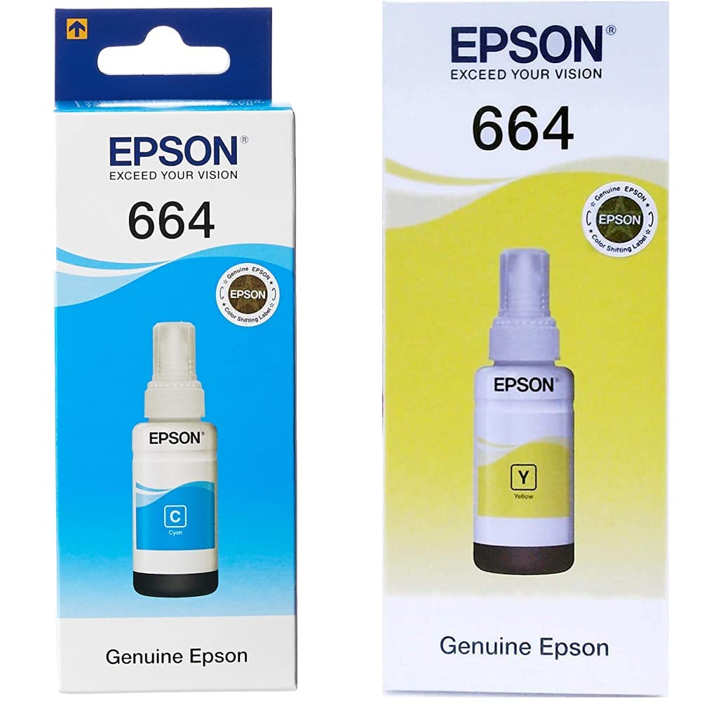 Epson T6644 Ecotank Ink Bottle, Yellow Ink For Printer Refill 70Ml & Epson T6642 Ecotank Ink Bottle, Cyan Ink For Printer Refill, 70Ml