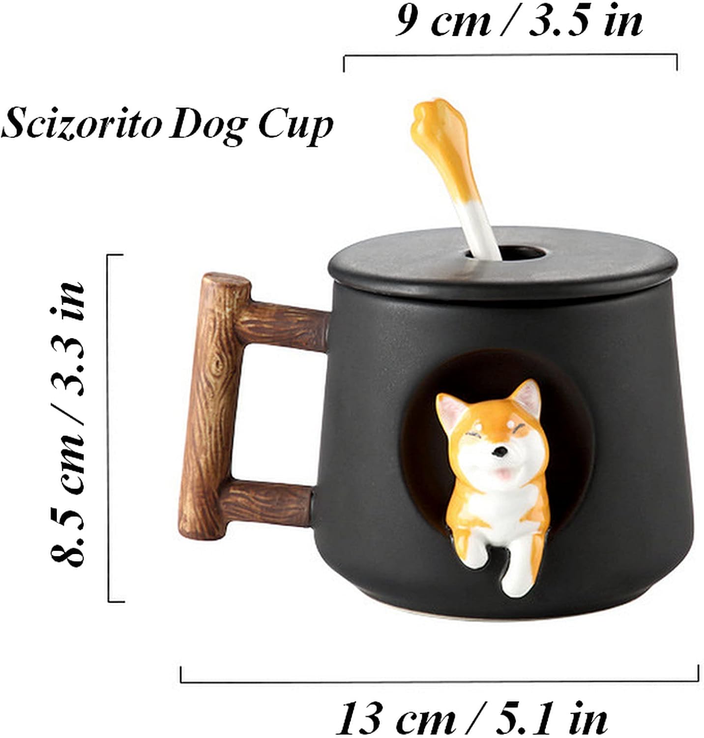 Cute Dog Couple Cup, Ceramic Coffee Mug with a Lid, Paws on the Top of the Spoon, Cute Shiba Lnu Three-dimensional Design, with Matte Texture,(420ML Green Tail) - Image 3
