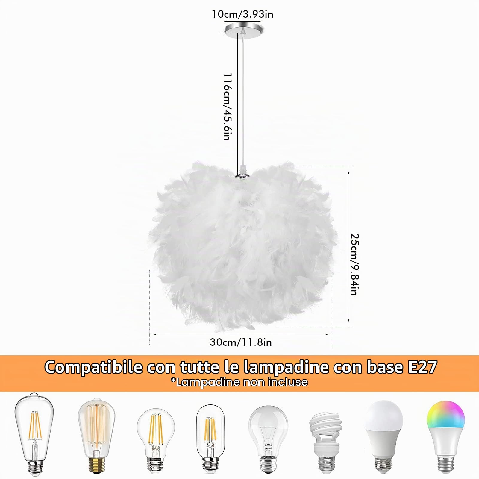 ALLOMN Lampada a Sospensione a LED, Plafoniera con Decorazione a Piume Lampadario a Sospensione per Camera da Letto Ottimo Regalo per Amico Bambino, Attacco E27 Facile da Pulire (Diametro 30cm)