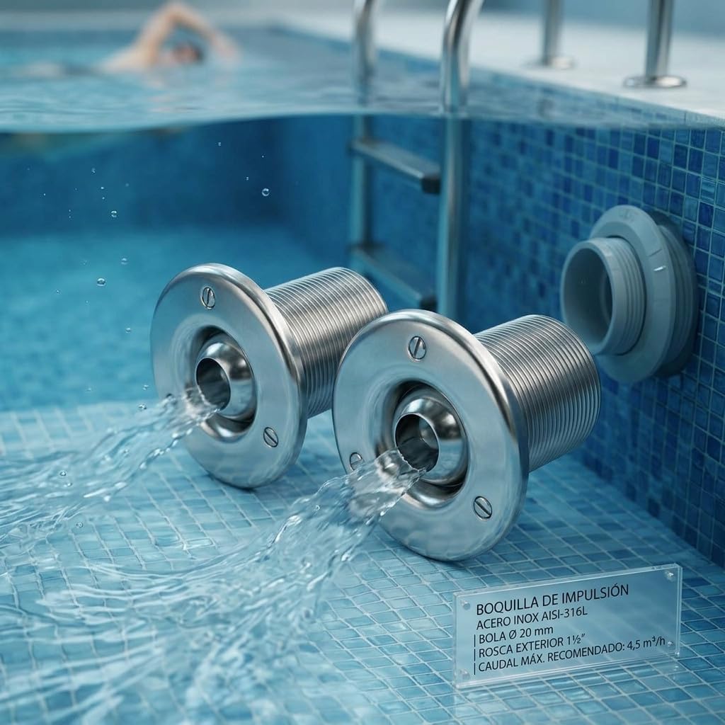 Suinga Boquilla de Impulsion Acero INOX Ø 20 mm | Longitud 70 mm para Piscina | Alta Eficiencia en Circulacion del Agua | Resistente a la Corrosion