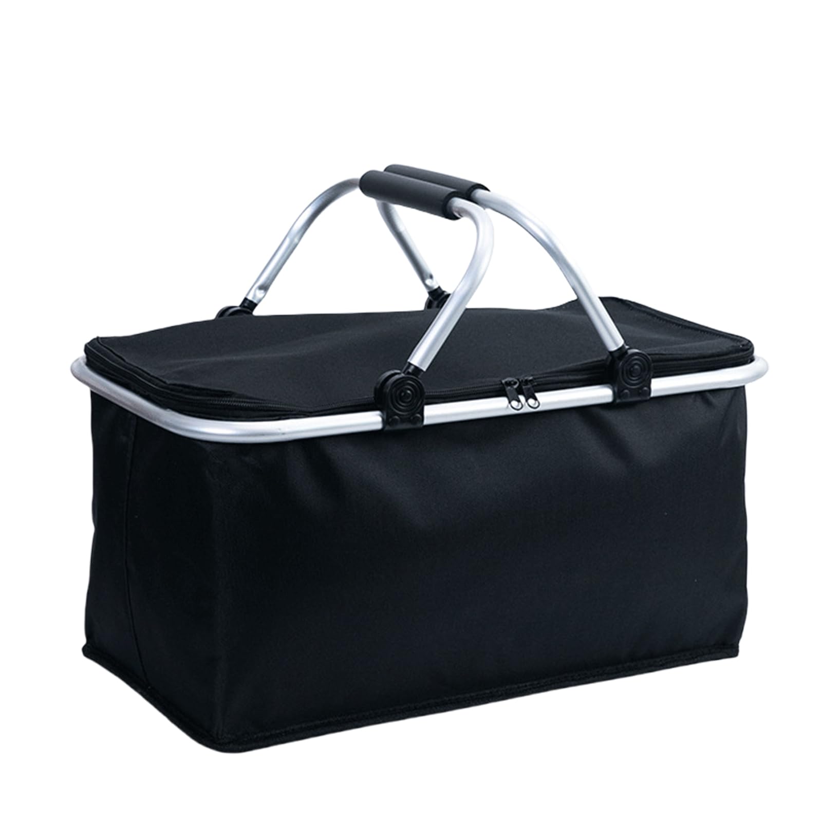 Khzen Black Portable 30L Insulated Picnics Basket Sturdy Aluminum Frame Foldable Basket For Camping And Beach Outings Shopping Bag