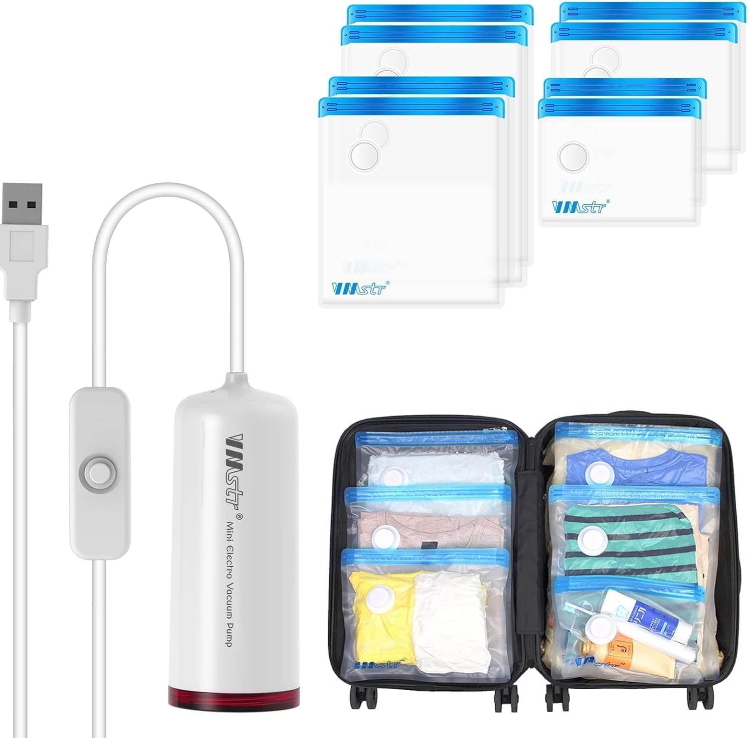 Sacs de rangement sous vide de voyage VMSTR avec pompe électrique (pompe USB + 8 sacs combinés)