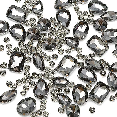 Gray Sew On Rhinestones, Choupee 130PCS Sew On Rhinestone Metal Back Prong Setting Sewing Claw Rhinestone Mixed Shapes Sew On Glass Gems for Jewelry, Clothes, Costume, Shoes,Dress, Garments