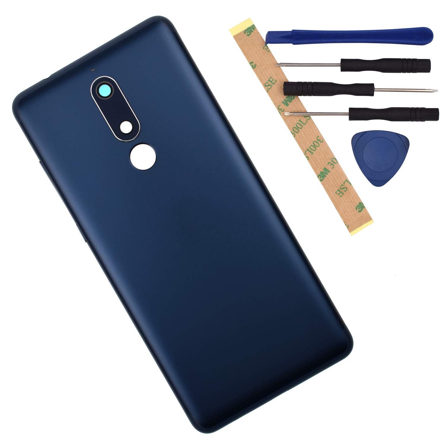 TA-1075 Tempered Blue Metal Back Cover + Volume Switch Button + Rear Camera Frame + Camera Lens Cover Compatible with Nokia 5.1