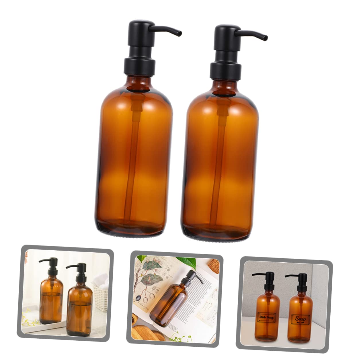 Dispensador de Jabón de Vidrio 500ml 2 Piezas con Bomba de Acero Inoxidable | Marrón, Rellenable y Portátil, Compacto para Baño y Viaje, Fácil de Presionar, Uso Doméstico