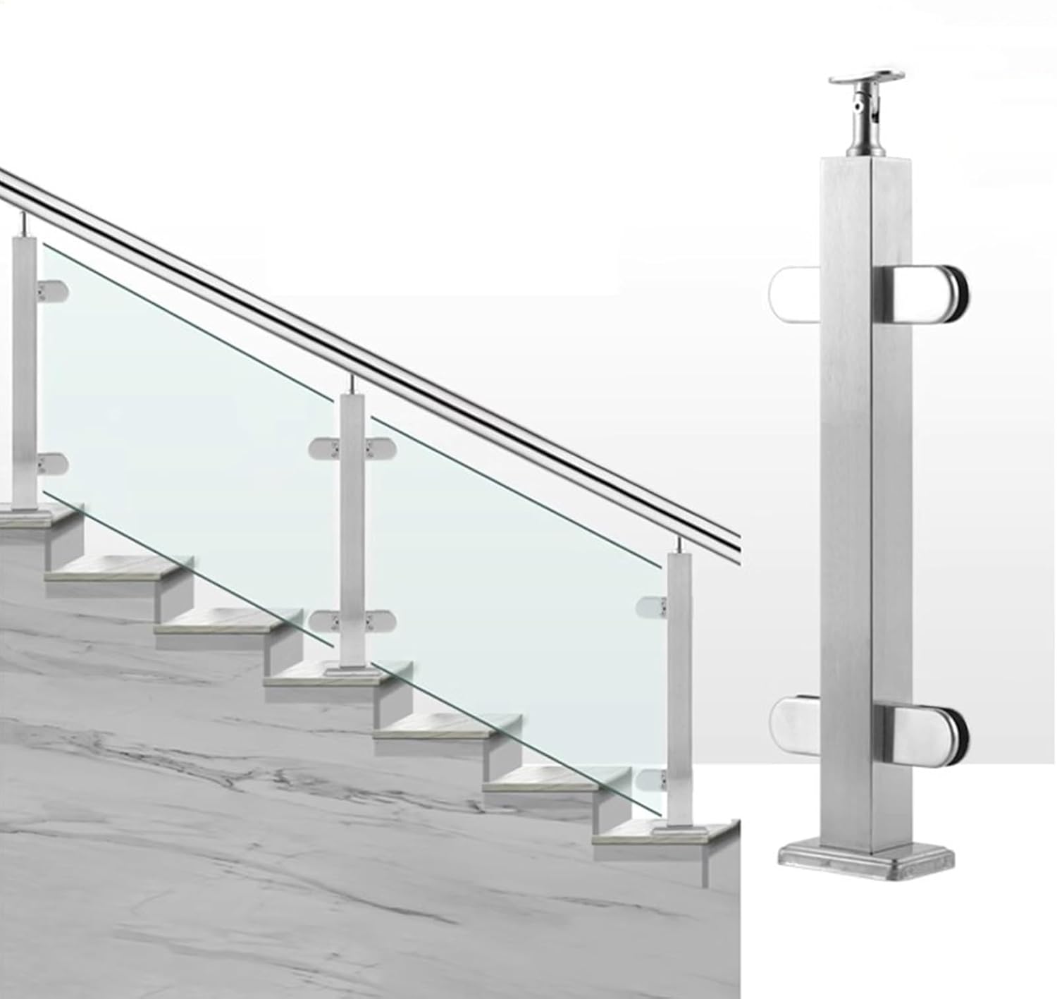 Adjustable Stainless Steel Glass Railing Post with Fish Mouth Clip - 49.2" Mid Post for Staircases, Balustrade Safety for Seniors, Adults & Kids,Mid Post-150cm/59 inch