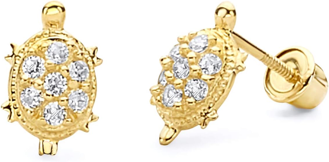 14k REAL Yellow Gold Red & White CZ Turtle Stud Earrings with Screw Back